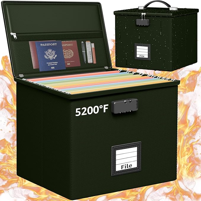 Army Green Fire Proof File Box for Documents - Portable Fireproof Document Organizer Box with Handle Waterproof Safe Locking Folder Storage with Lid by ROSONG