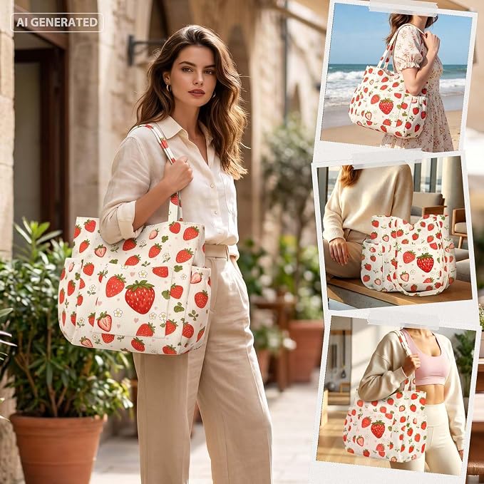 Corduroy Tote Bag for Women,Large Capacity Cute Tote Bags With 6 Pockets,Crossbody Shoulder Handbag for Work Travel Gym - Image 2