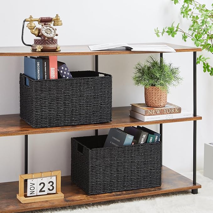Wicker Storage Basket, Set of 2 Hand-Woven Paper Rope Wicker Basket, Small Storage Baskets for Organizing Toilet Paper Baskets, Foldable Large Cube Storage Organizer Bin for Shelves (Black) - Image 4
