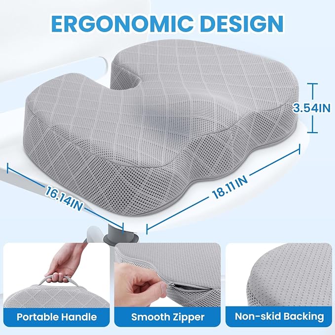 Memory Foam Office Chair Seat Cushion - Light Grey, X-Large | for Car Seat, Airplane, Desk Chair - Sciatica & Hip & Coccyx Pain Relief Cushion for Long Sitting Office Workers, Car Drivers - Image 2