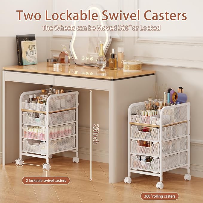 Rolling Makeup Cart Organizer with 3 Drawers, 4-Tier Narrow Floor Skincare Organizers with dividers, Vanity Organizer Cosmetics Display Cases for Makeup Brush, Hair Tool, White - Image 3