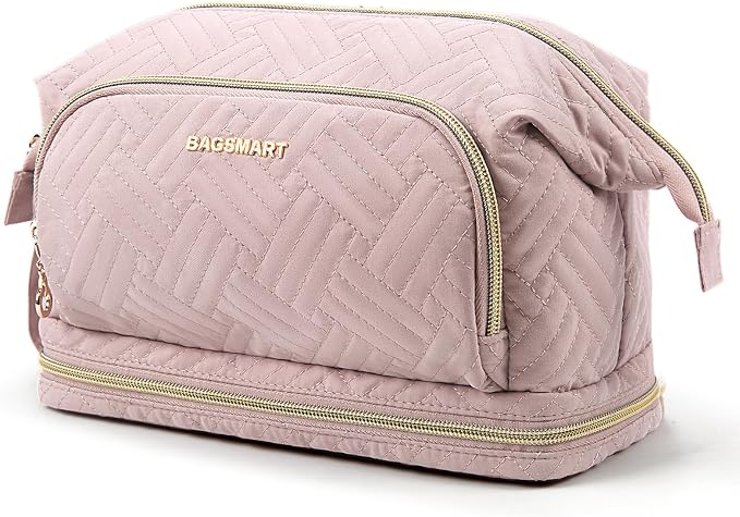 BAGSMART Travel Makeup Bag, Cosmetic Bag Make Up Organizer Case, Dorm Room Essentials Large Wide-open Pouch Women Travel Essentials Double Layers Purse for Toiletries Accessories Brushes Pink by BAGSMART