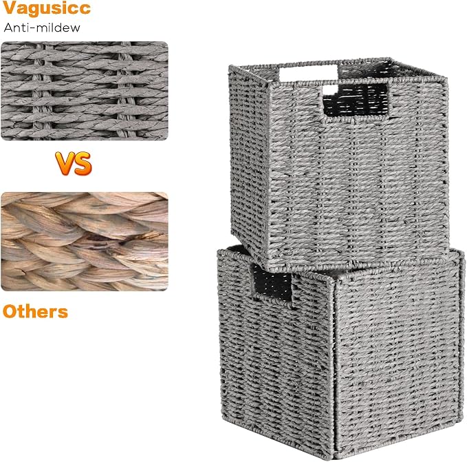 Storage Basket, Set of 2 Hand-Woven Paper Rope Wicker Baskets for Storage, Foldable Cube Storage Bins Organizer, 9 inch Medium Wicker Storage Baskets for Shelves Pantry Organizing Decor, Grey - Image 3