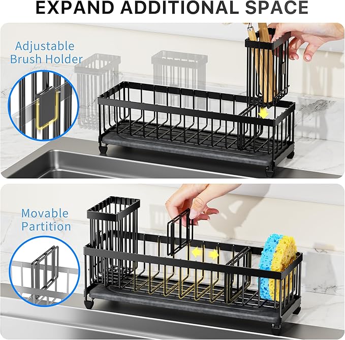 Cisily 10.62'' Sponge Holder for Kitchen Sink, Sink Caddy Organizer with High Brush Holder, Kitchen Countertop Organizers and Storage Essentials, Rustproof 304 Stainless Steel (Black with Stone Tray - Image 4