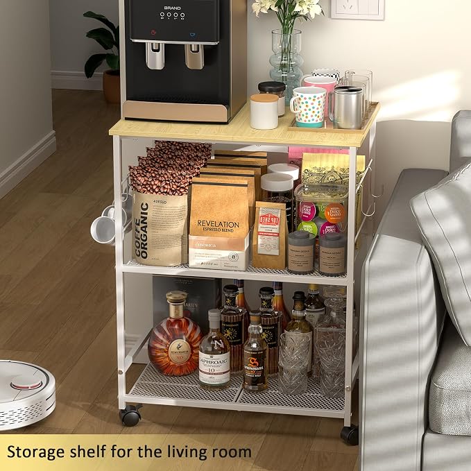 ThreeHio Rolling Kitchen Microwave Cart, 3 Tier Microwave Table Stand with Storage, Kitchen Utility Cart on Lockable Wheels, Small Coffee Station Shelf Rack Organizer for Living Room Office, Balcony - Image 4