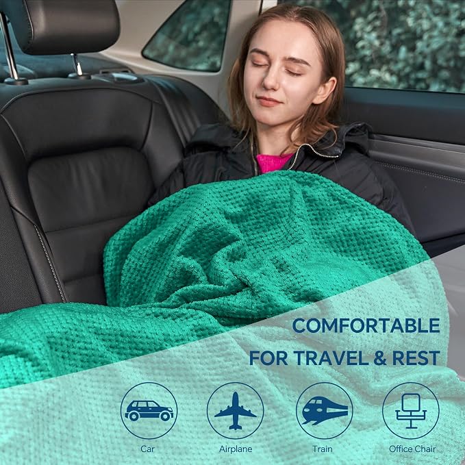 BEDELITE Travel Blanket with Bag, Jacquard Fleece Blanket 65"x40", Teal | Ultra-soft Airplane Blanket, Luggage Sleeve & Backpack Clip, Travel Essentials for Women, Foldable as Pillow for Long Flight - Image 7