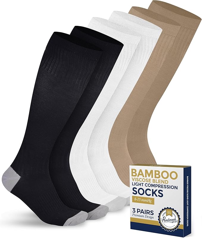 Pembrook® Bamboo Viscose Light Compression Socks - 3 Pairs | 8-15 mmhg Compression Socks | Knee High Comfort Support Socks by Pembrook