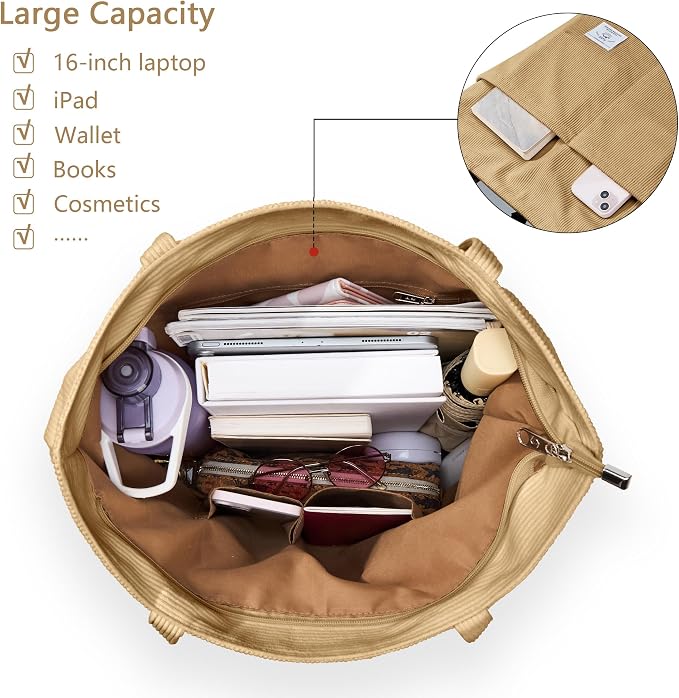 KALIDI Women Corduroy Tote Bag Zipper Casual Tote's Handbag Big Capacity Shoulder Bag with Pockets - Image 6