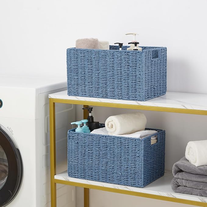 Wicker Storage Basket, Set of 2 Hand-Woven Paper Rope Wicker Basket, Small Storage Baskets for Organizing Toilet Paper Basket, Foldable Large Cube Storage Organizer Bins for Shelves (Blue) - Image 4
