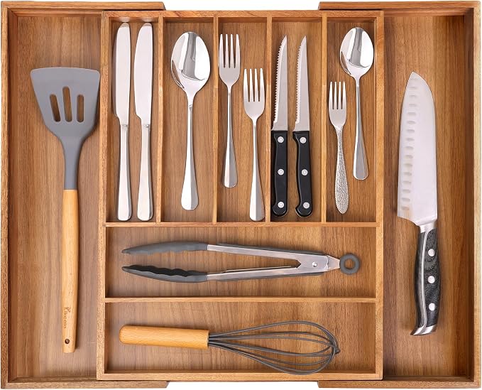 Bellsal Large Premium Acacia Wood Silverware Organizer - Expandable Utensil Drawer Organizer - 17"x19.6" Utensil Holder and Cutlery Tray with Grooved for Kitchen Flatware Utensils(7-9 Slot, Acacia) - Image 8