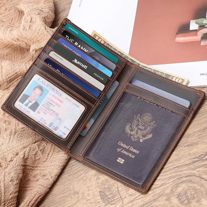 Polare Leather AirTag Passport Holder RFID Blocking Travel Bifold Wallet | Luxury Full Grain Cowhide Leather, AirTag Slot, Vintage Passport Cover Case, International Travel Wallet, Dark Brown - Image 2