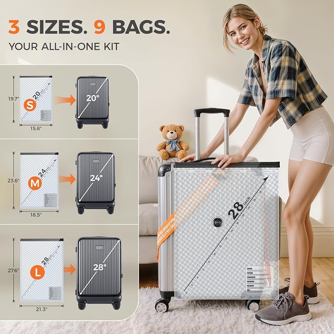 9-Pack Vacuum Bags for Travel with Rechargeable Pump, 3 Sizes | Compression Packing Bags for Carry-On Luggage and Suitcases. Space Saver Vacuum Seal Bags for Clothing and Home Storage - Image 4
