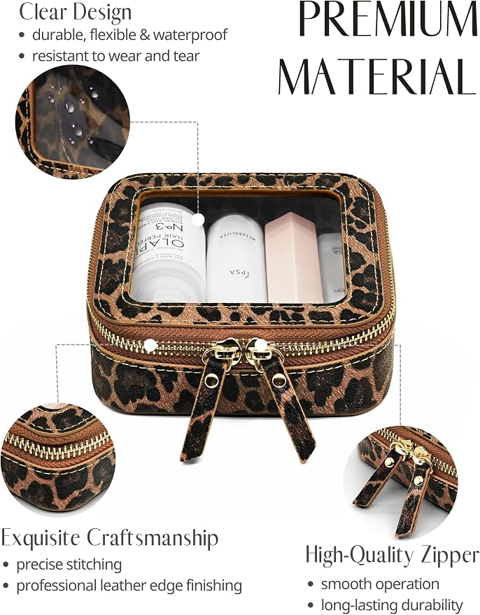 Small Makeup Bag Clear Mini Pouch Cosmetic Case Travel Leopard Make Up Bag for Purse Accessories Cheetah Print Travel Clear Case for Car Essentials Women Cute Leather Little Cosmetic Pouch with Zipper - Image 2