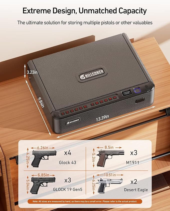 BILLCONCH Smart Gun Safe with Fingerprint, App, Keypad,LCD& Security Cable | Steel Handgun Safe with 4 Quick-Access Methods, Voice Guidance, Built-in LED Light, Ideal for Nightstand, Bedside and Home - Image 2