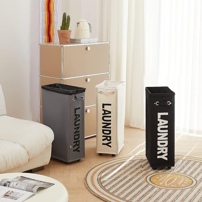 DOKEHOM 29" Enlarged Slim Rolling Laundry Basket Hamper on Wheels, Grey | Collapsible tall laundry hamper with removable mesh wash bag. Foldable narrow corner clothes storage bin for small spaces - Image 9