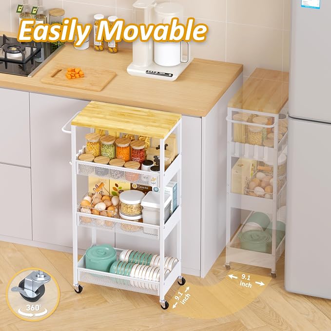 Vincona 9.1" Wide Slim Rolling Utility Cart, 4 Tier Metal Narrow Storage Cart with Handle and Wood Top, Multifunctional Small Mobile Shelf Unit Organizer Trolley for Laundry, Bathroom, Kitchen - Image 3