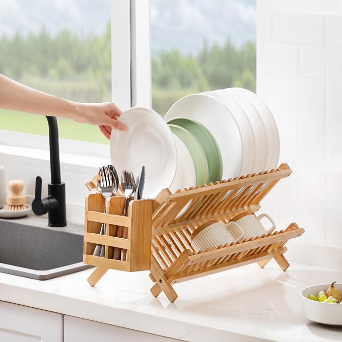 Bamboo 2 Tier Dish Drying Rack with Utensil Holder | Collapsible Dish Rack for Kitchen Counter, Large Folding Drying Holder, Dish Drainer, Kitchen Organizers and Storage - Image 6