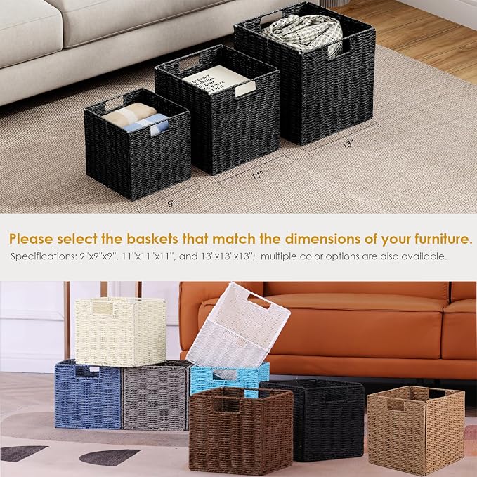 Wicker Storage Basket, Set of 2 Hand-Woven Wicker Basket, 11 inch Storage Baskets for Organizing and Decor, Foldable Cube Storage Organizer Bins Baskets for Shelves, Woven Basket, Natural - Image 7