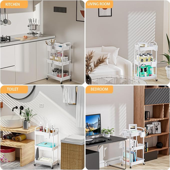 3 Tier Rolling Utility Cart with Handle,REBECAT Utility Cart Made of Multifunctional Storage Organizer Tool for Kitchen,Bathroom,Living Room,Office(White) - Image 6