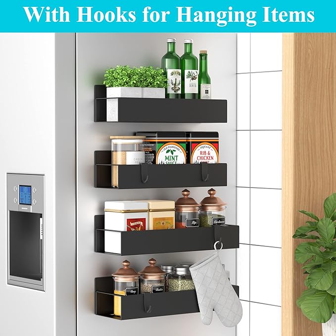 HuggieGems Metal Magnetic Spice Rack for Refrigerator with Hooks Matt Black | Magnetic Shelves Heavy Duty for Fridge in Kitchen, Seasoning Storage Organizer, For Oven Washer and Dryer, For Heavier Items - Image 2