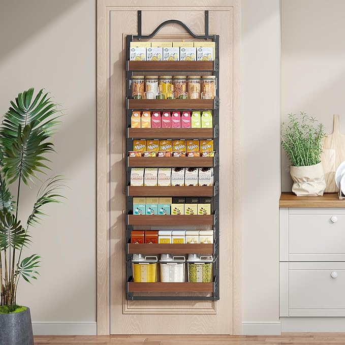 8-Tier Pantry Door Organizer, Over the Door Pantry Organizer with Wooden Adjustable Baskets, 2 IN 1 Spice Rack Wall Mount or Door Organizer, Door Spice Rack for Pantry（72.6×17.1×5.1in,Black) - Image 7