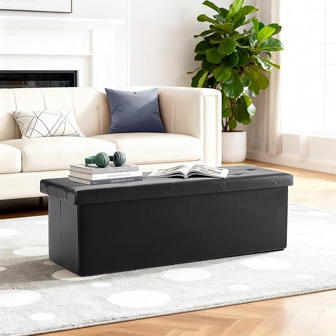 DUMOS 43 Inch Folding Storage Ottoman Bench, Large Ottoman with Storage | Storage Chest with Padded Seat, End of Bed Foot Rest Stool for Bedroom Living Room, Load 660 lbs, Synthetic Leather, Black - Image 2