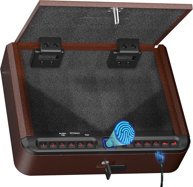 BILLCONCH Smart Gun Safe for Handgun with Fingerprint, App & Security Cable | Biometric Gun Safe 4 Ways Quick Access Built-in LED Light, Ideal Handgun Safe for Nightstand and Home - Antique Bronze by BILLCONCHSmartGunSafes