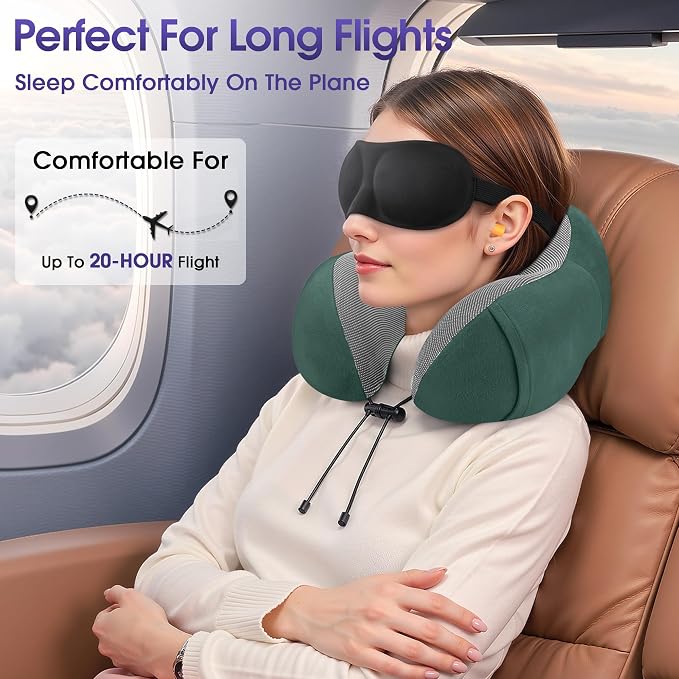 CloudBliss Neck Pillow for Sleeping, Memory Foam Travel Pillow, Green | Travel Neck Pillow for Long Flight, Train, Car & Office, Plane Travel Accessories with Eye Mask, Earplugs, Storage Bag - Image 4