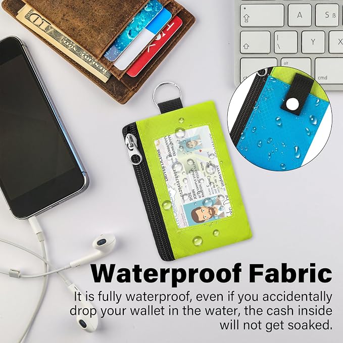 Minimalist RFID Blocking Wallet with 2 Zip Pockets and Lanyard, Water Resistant ID Case with Key Ring and Cards Badge Holder, Coin Purse Pouch for Men and Women Travel Sports -BU+GN - Image 5