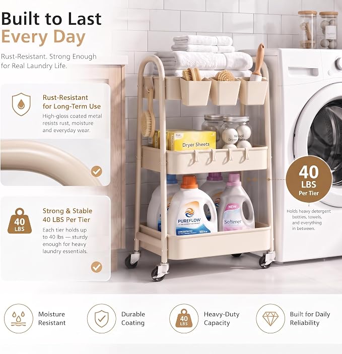 Beige 3 Tier Rolling Cart Metal with Wheels,Tan Three Tiered Bedside Carts | Utility Storage Organizer Trolley on Wheels for Art, Craft, Diaper Caddy,Nursing,Postpartum,Baby Essentials,Bathroom Supplies - Image 7