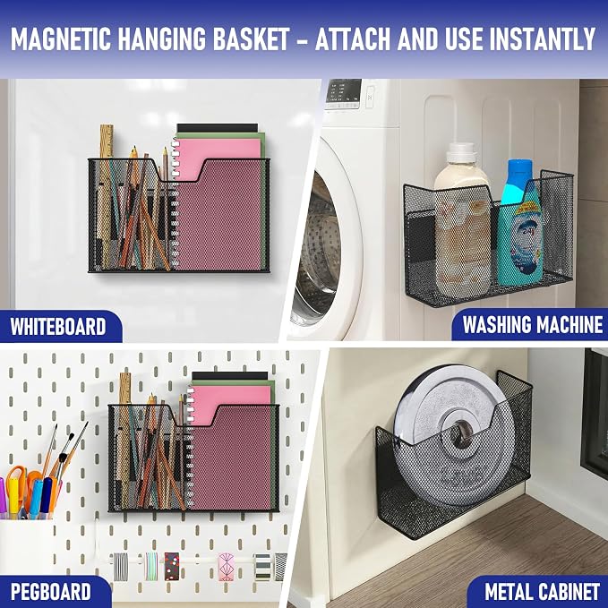 Magnetic Baskets for Fridge Shelf Bins Organizer Magnetic Storage Holder Storage Rack Containers for Fridge, Whiteboard, Locker - Magnetic File Holder for Home Kitchen Laundry Office School(Black) - Image 8