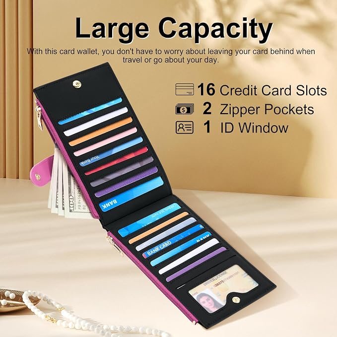 Travelambo Womens Leather Bifold Wallet, Slim RFID Blocking Card Holder | Large Capacity, 16 Card Slots & ID Window, 2 Zipper Pockets, Dual Snap Closure, Slim Lightweight, RFID Privacy Protection - Image 3