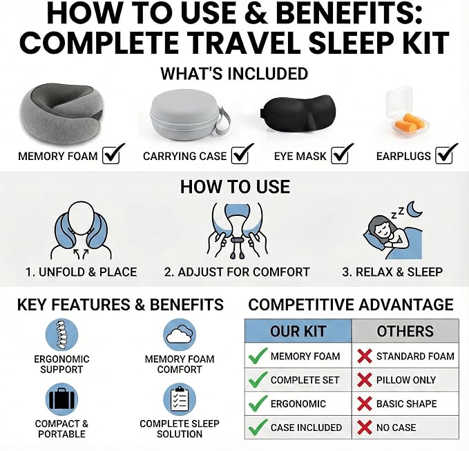 Travel Neck Pillow with Memory Foam & Chin Support – Includes Cute Macaron EVA Water-Resistant Carry Case, Eye Mask & Ear Plugs (Dark Grey) - Image 3
