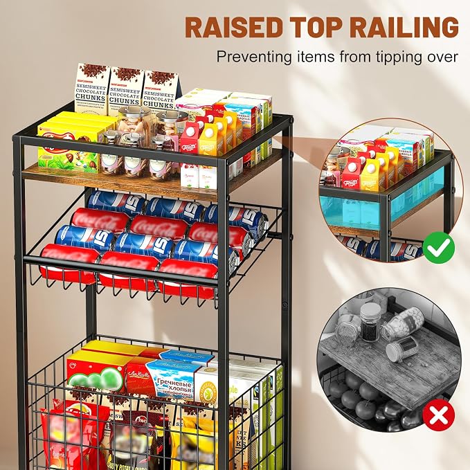 Fruit Vegetable Cart, 3-Tier Snack Cart on Wheels & Wood Top, Brown | Vegetable Rack For Kitchen, Kitchen Cart Organizer for Fruit, Vegetables, Potato, Snack - Image 4