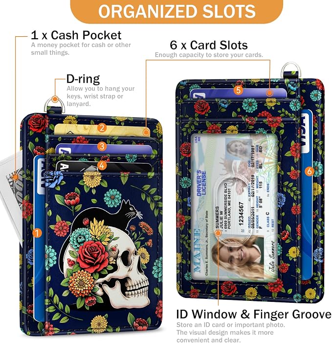 Yonlevres Cat Skull Credit Card Holder Slim RFID Wallet Women Small Travel | Front Pocket, Handy, RFID Blocking, Woman Girls Ladies Gifts, D-ring for Keychain,Thin Mini Card Case, ID Window, PU Leather - Image 4