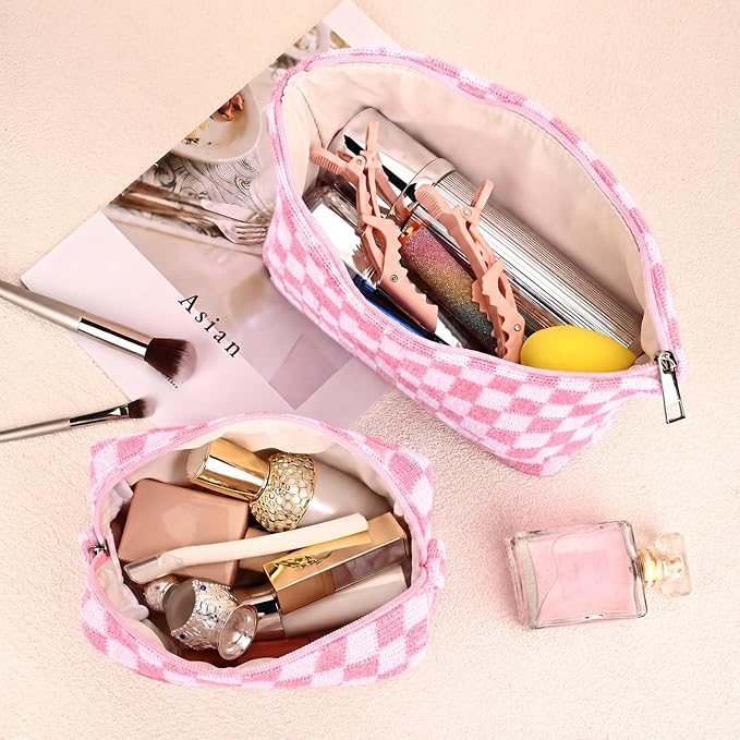 SOIDRAM 2 Pieces Makeup Bag Large Checkered Cosmetic Bag Capacity Canvas Mix Travel Toiletry Bag Organizer Cute Makeup Brushes Aesthetic Accessories Storage Bag for Women, Pink checkered - Image 3