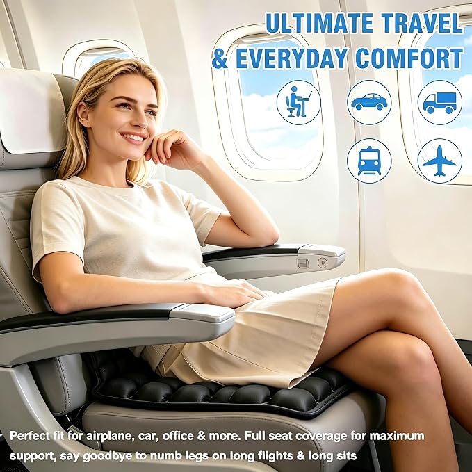 Airplane Seat Cushion, Inflatable Seat Cushion, Travel Cushion | with No External Air Pump, for Car, Airplane, Office, Ergonomic Comfort Support, Adjustable Air Cushion with Non-Skid Bottom - Image 4