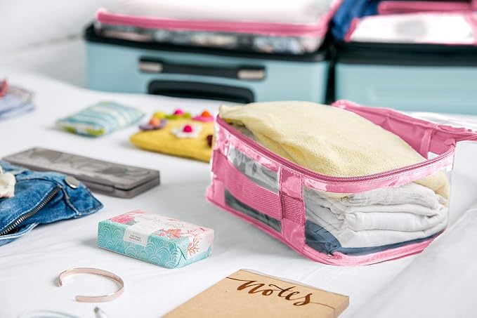 Small Clear Travel Packing Cube/See Through PVC Plastic Pouch for Carry On Suitcase, Backpack or Diaper Bag/Transparent Multipurpose Accessories, Makeup & Underwear Organizer w/Handle (Rose) - Image 8