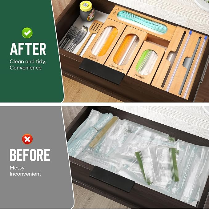 Storage Bag Organizer for Kitchen Drawer, 5-Slot, Bamboo | Bamboo, 5 Independent Boxes, Slide Cutter, Magnetic Lid, Space-Saving Drawer Organizer - Image 7