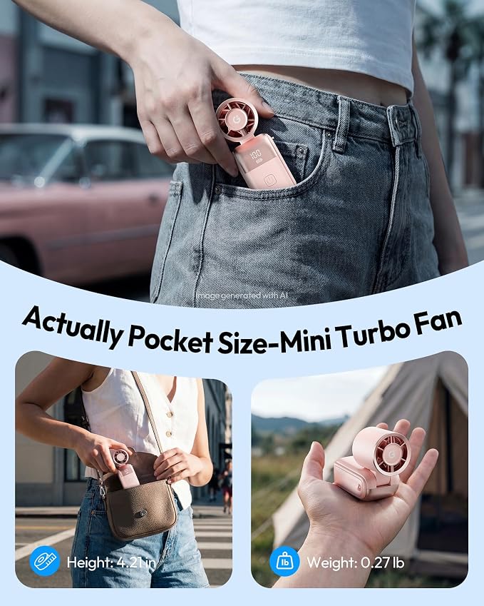 Gaiatop Portable Mini Fan Handheld, 3-in-1 Foldable Pocket Fan, Up to 15H | Personal Small Hand Fan, 6-Speed Turbo Cooling, USB Rechargeable, Outdoor Travel Essentials, Gifts for Women Teen Girls, Pink - Image 6