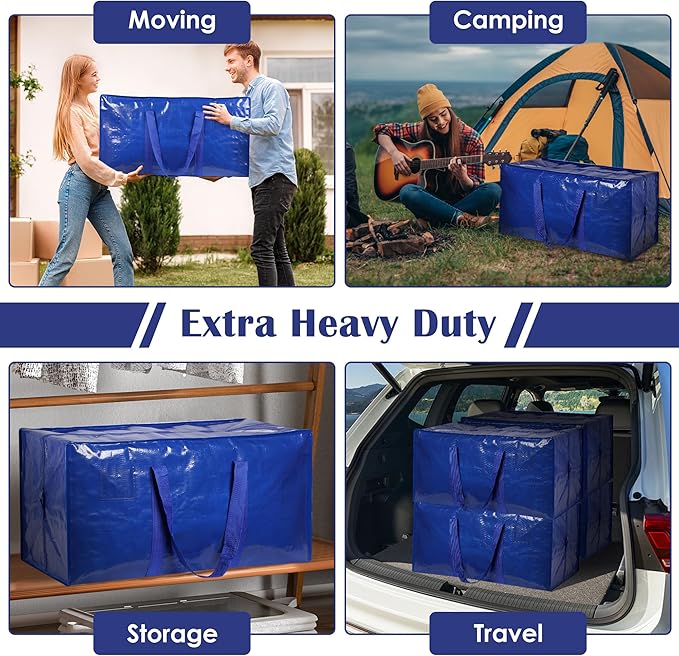 12 Pack Moving Bags with Full-Open Side Zipper, Extra Large 93L Heavy Duty Waterproof Foldable Storage Totes for College Dorm, Moving & Home Organization Blue - Image 7