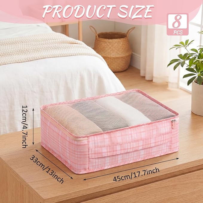Silkfly 8 Pcs XL Packing Cube for Travel Luggage,Plaid,Pink | 17.7 x 13 x 4.7, Same Size, Pink Plaid Suitcase Storage Organizer Set, Reusable Mesh Clothes Cube for Hiking Camp Family - Image 3
