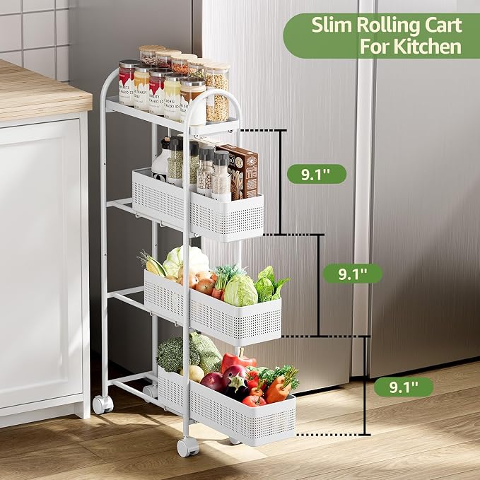 KINGRACK 4 Tier Slim Rolling Cart with Drawer, Metal Utility Storage Cart | 3 Pull-out Baskets, Lockable Wheels, Narrow Space Trolley Organizer for Bathroom, Kitchen, Office, Dorm, Laundry Room, White - Image 3