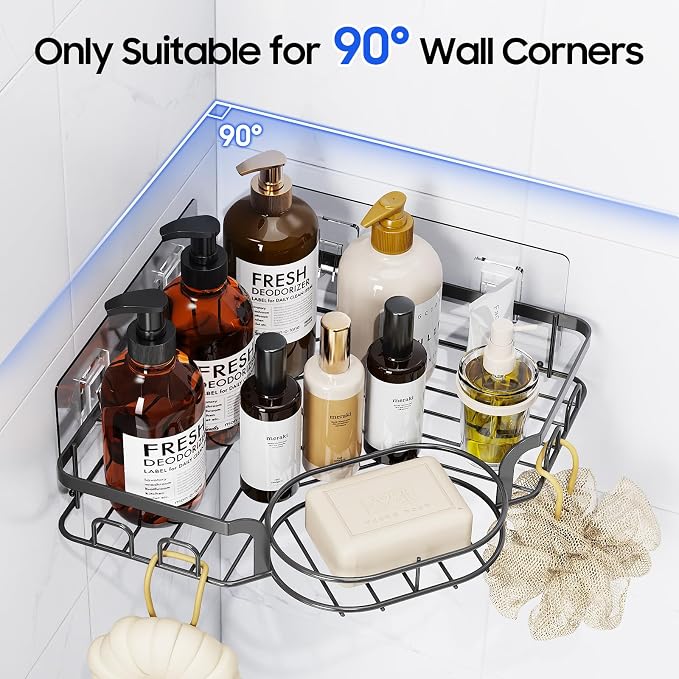 Corner Shower Caddy, Rustproof Shower Organizer with Soap Holder and 8 Hooks, No Drilling Adhesive Shower Shelves for Inside Shower, Large Capacity Shower Rack for Bathroom Shower Storage, Grey - Image 3