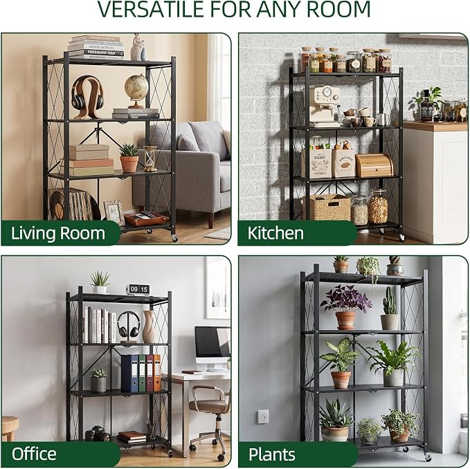 4-Tier Foldable Storage Shelf with Wheels – Heavy Duty 550 LBS Capacity, Collapsible Metal Steel Rolling Rack for Garage, Kitchen, Pantry, Office – Black - Image 7