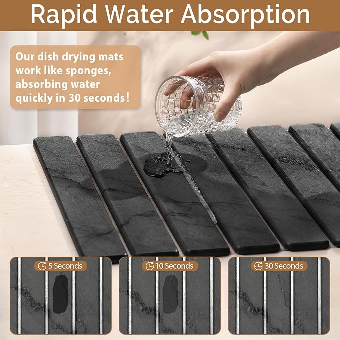 2 PCS Stone Dish Drying Mat for Kitchen Counter,Quick Dry Stone Dishes Mats,Marbled Water Absorbing Diatomaceous Earth Drying Pad for Countertop Bottles Utensils Cups（Dark Gray 20"×14" & 8"x4"） - Image 3