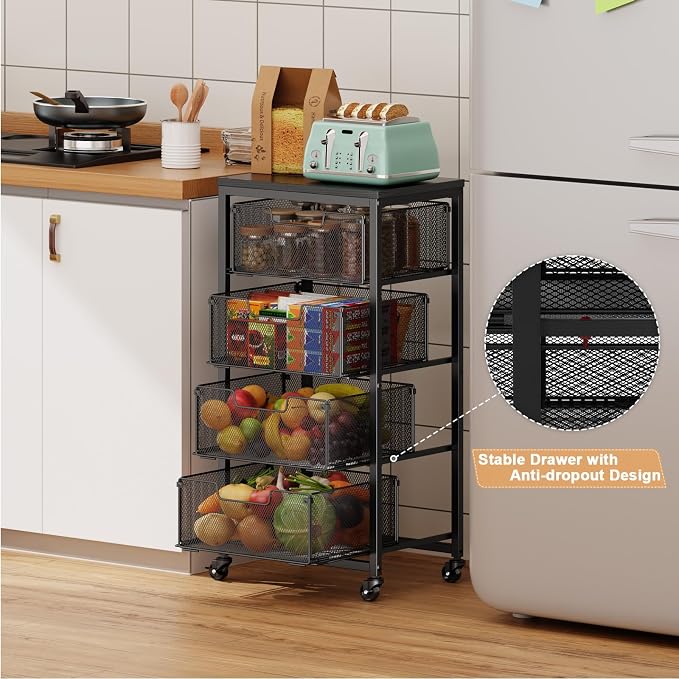 4-Tier Fruit Vegetable Storage Cart - Kitchen Organizer and Storage Cart with Wheels, Wooden Top Metal Wire Fruit Vegetable Rack Stand with Drawers to Storage Cans Snacks for Kitchen(Patent Pending) - Image 4