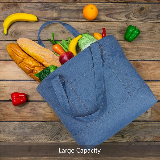 TOPDesign 1-Pack Canvas Tote Bag with an External Pocket, Reusable Grocery Shopping Bag, Top Zipper Closure, Daily Essentials (Medium Blue Demim) - Image 3