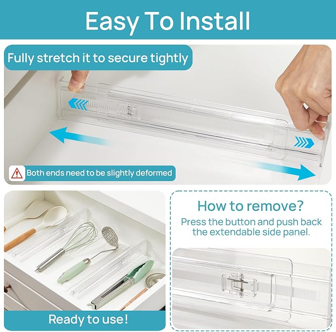 Vtopmart 8 Pack Shallow Drawer Dividers, 2.36" High 12.5"-20.8" Adjustable Expandable Kitchen Drawer Organizer, Clear Plastic Organizer Separators for Flatware, Utensil, Cutlery, Underwear, Clothes | Expandable Kitchen Drawer Organizer, Clear Plastic O... - Image 6