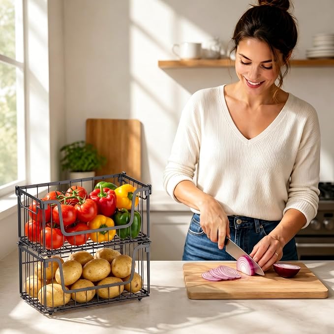 4 Pack Foldable Wire Basket for Pantry Organizers and Storage | Stackable Vegetable Fruit Basket for Kitchen Counter, Black Potato and Onion Storage Bins - Image 6